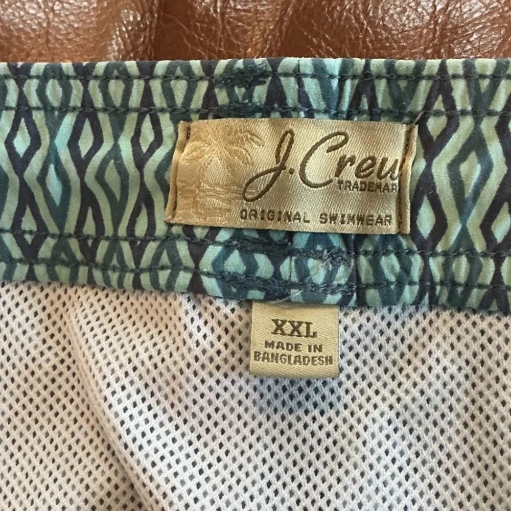 J.Crew Mens Swim Trunks XXL Teal Geometric Diamond Print Drawstring Preppy Beach
